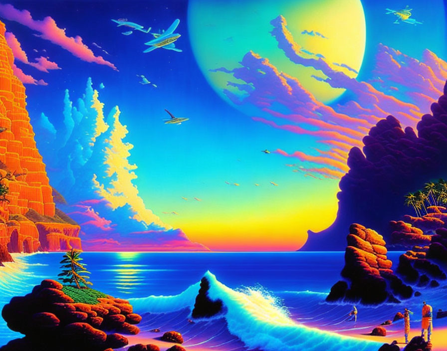 Colorful futuristic landscape with moon, ships, sky, ocean, beach, and rock formations