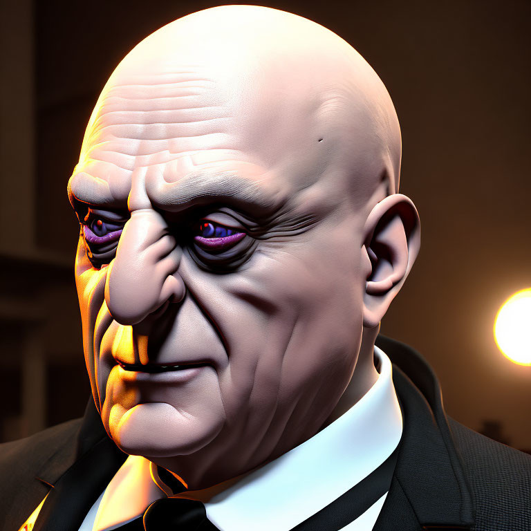 Menacing male character in 3D with bald head, purple eyes, and black suit