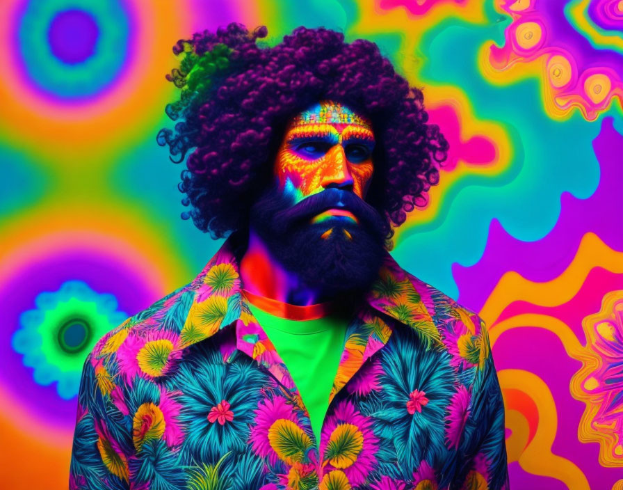 Man with Afro and Face Paint in Colorful Floral Shirt Against Psychedelic Background