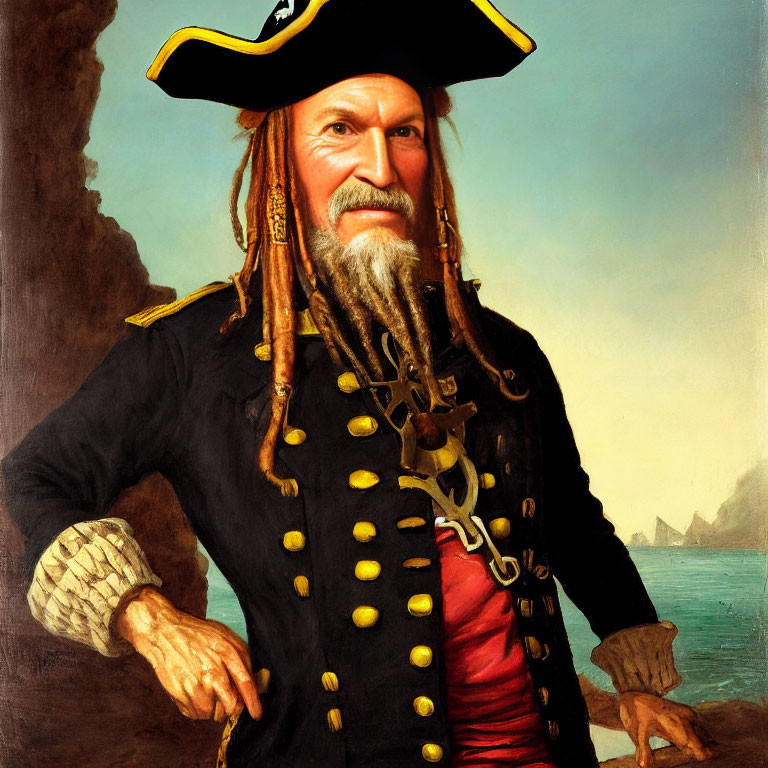 Portrait of a man in pirate attire by the sea with ship in background