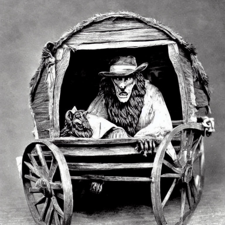 Monochrome illustration of humanoid figure with bison head seated beside tiger in rustic wooden cart