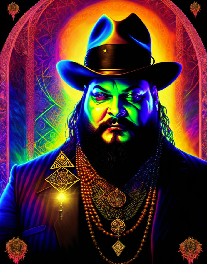 Colorful portrait of a bearded man with mystical symbols and neon colors.