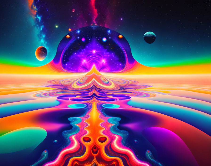 Colorful Psychedelic Landscape with Mirrored Surface & Cosmic Portal