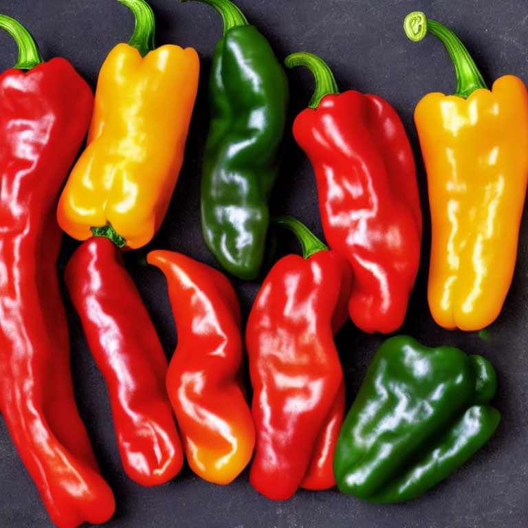 Vibrant red, green, and yellow bell peppers on dark background