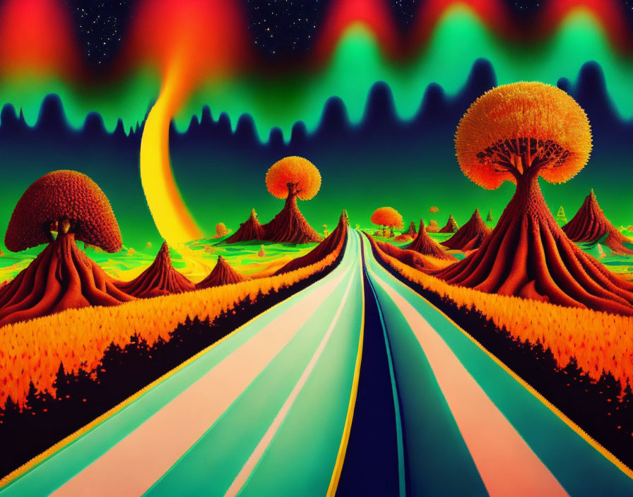 Colorful surreal landscape with mushroom trees and northern lights.