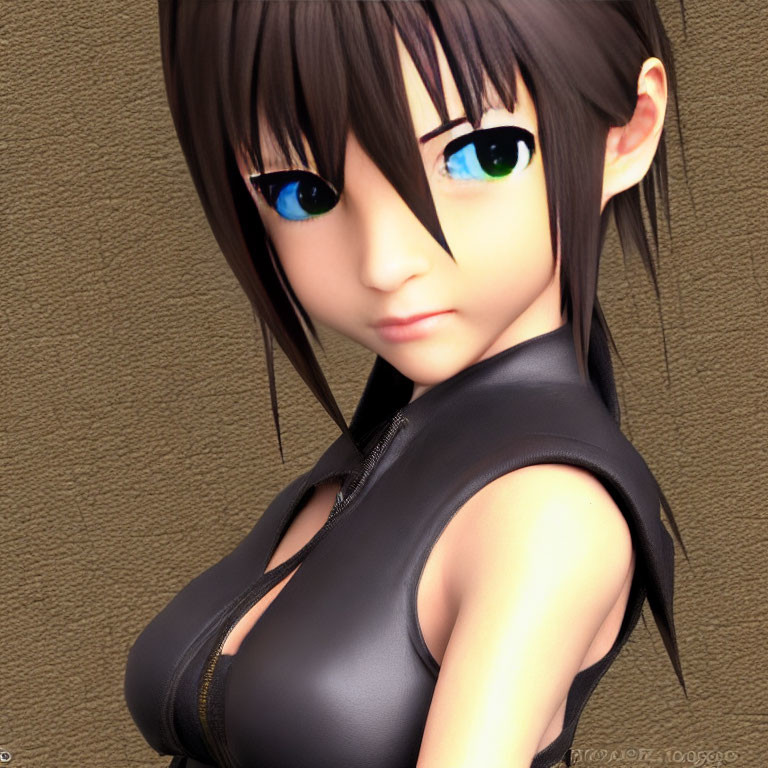 Digital artwork: Female anime character, large blue eyes, short black hair, black sleeveless top,