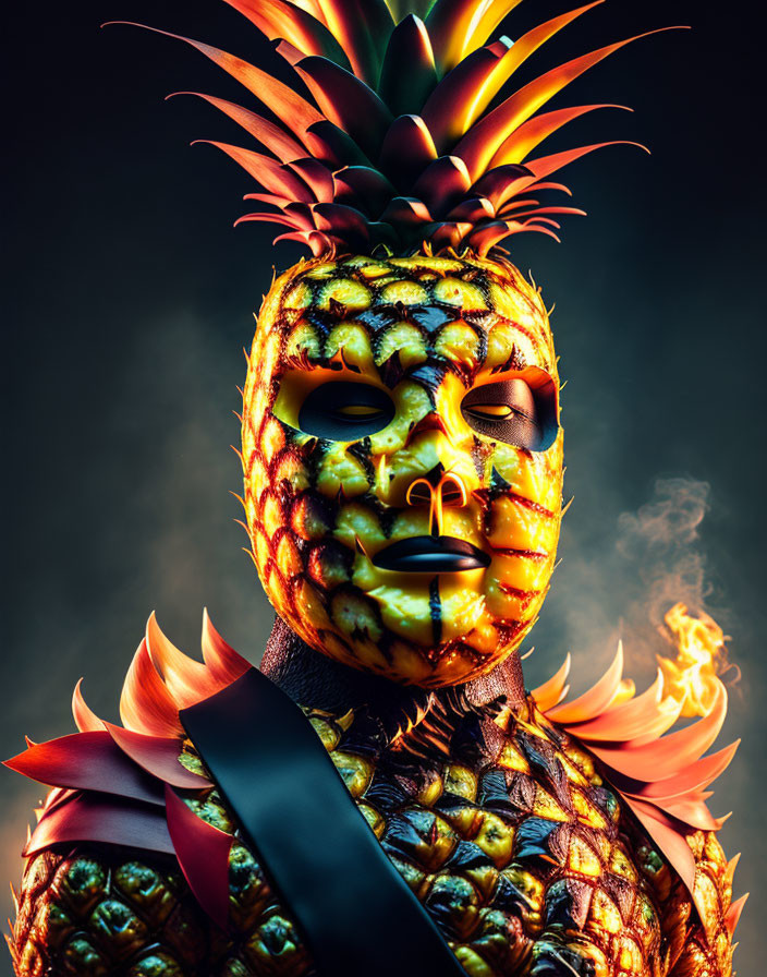 Person with Pineapple Head Wearing Tie and Flame-like Pineapple Leaves