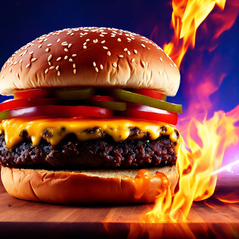 Cheeseburger with lettuce, tomato, pickles, and flames on dark background