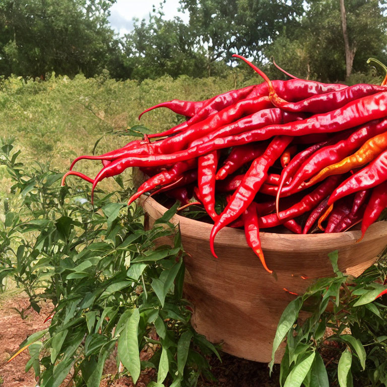 Wooden bowl with bright red chili peppers on green foliage.