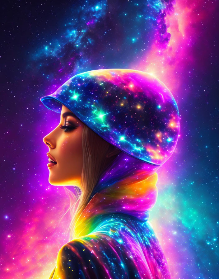 Side Profile of Woman with Cosmic Patterns on Cap and Hoodie