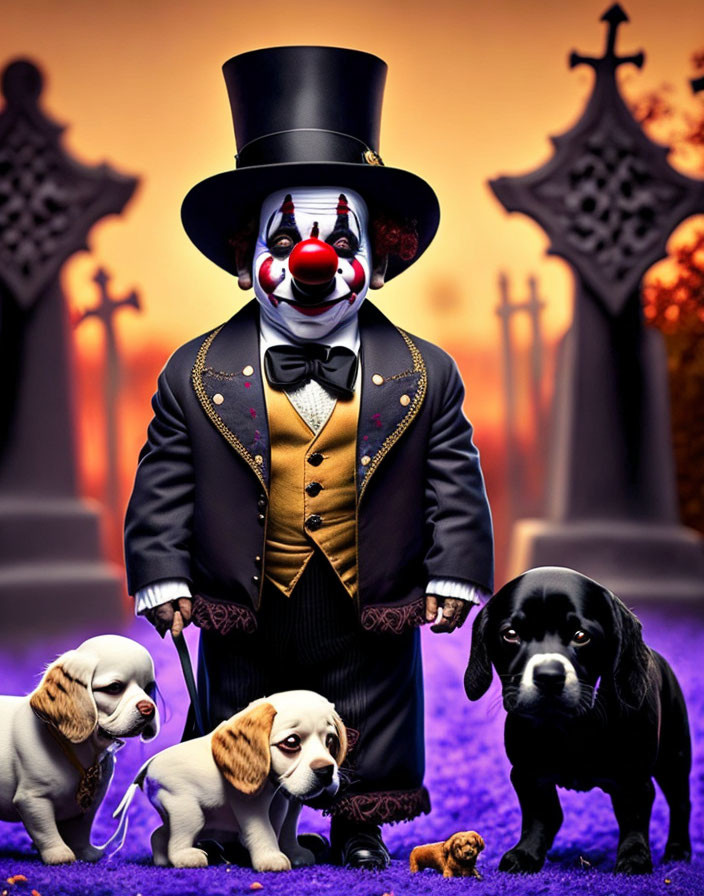 Clown in top hat with puppies against tombstone backdrop and orange sky