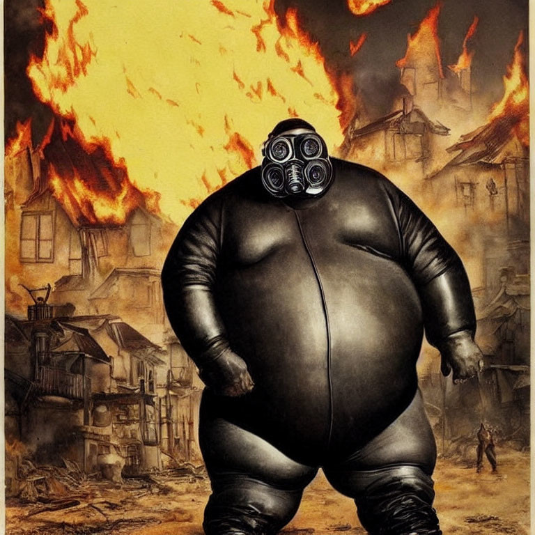 Apocalyptic scene with large figure in black suit and multiple goggle-like eyes