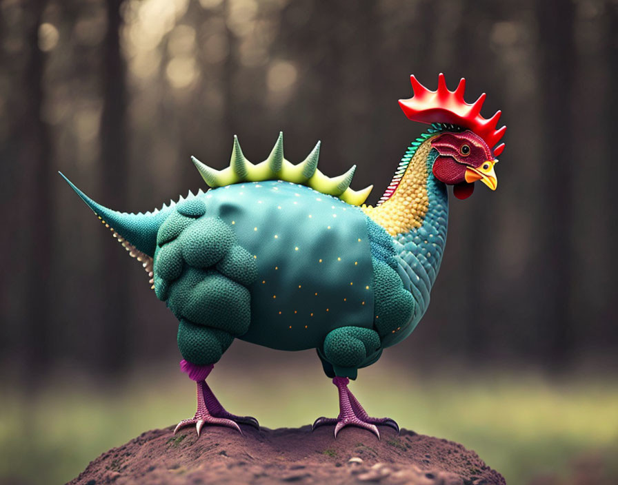 Hybrid creature with chicken and dinosaur features in forest