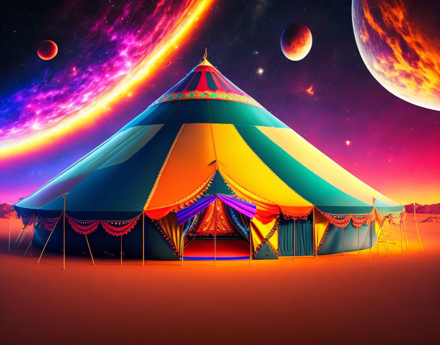 Vibrant circus tent under surreal sky with planets in desert twilight