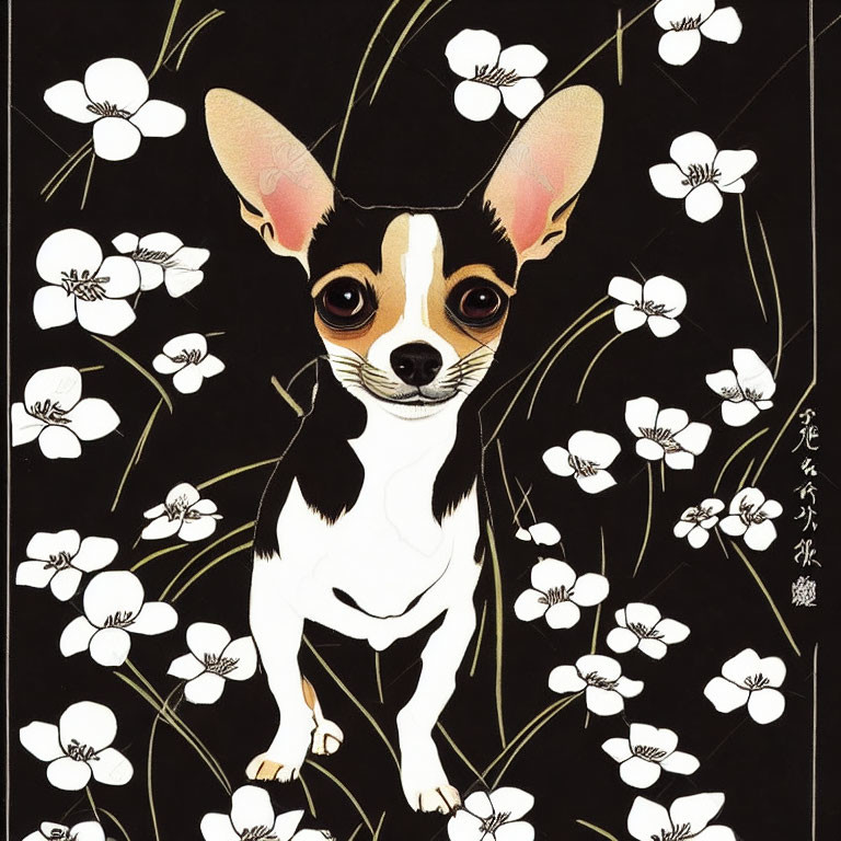 Wide-eyed Chihuahua with black and white fur in Asian-inspired floral setting