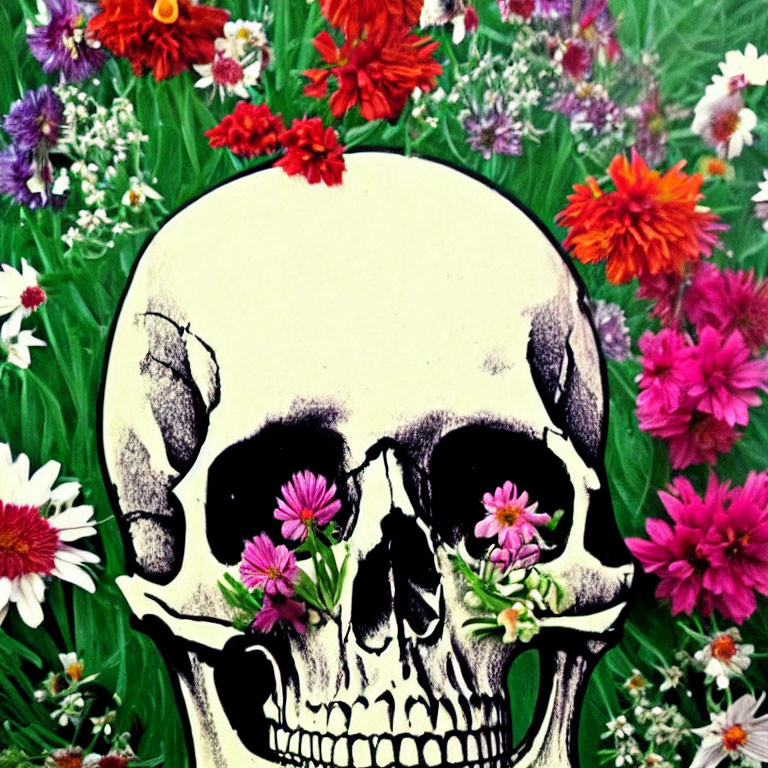 Skull illustration surrounded by colorful flowers and green foliage