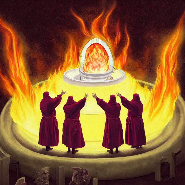 Mysterious ritual with robed figures around fiery orb