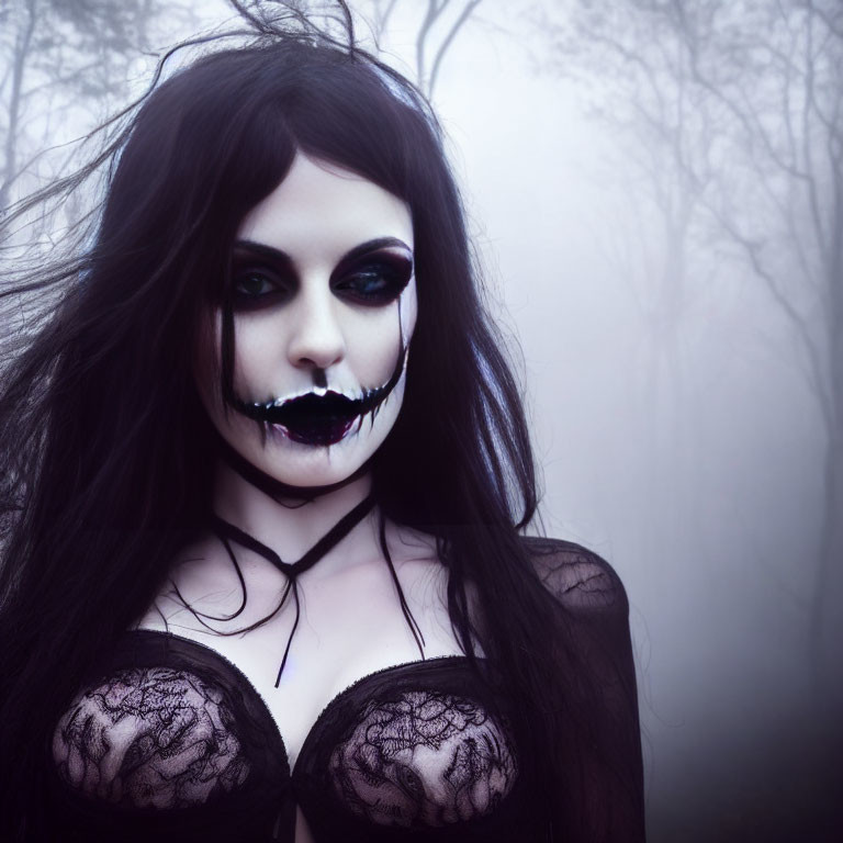 Gothic woman in dark makeup in foggy setting