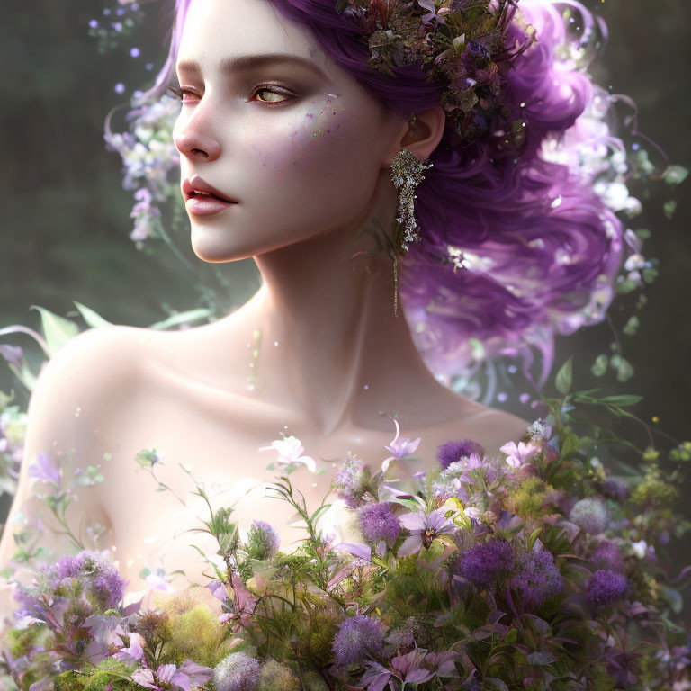 Portrait of Woman with Purple Skin and Floral Adornments