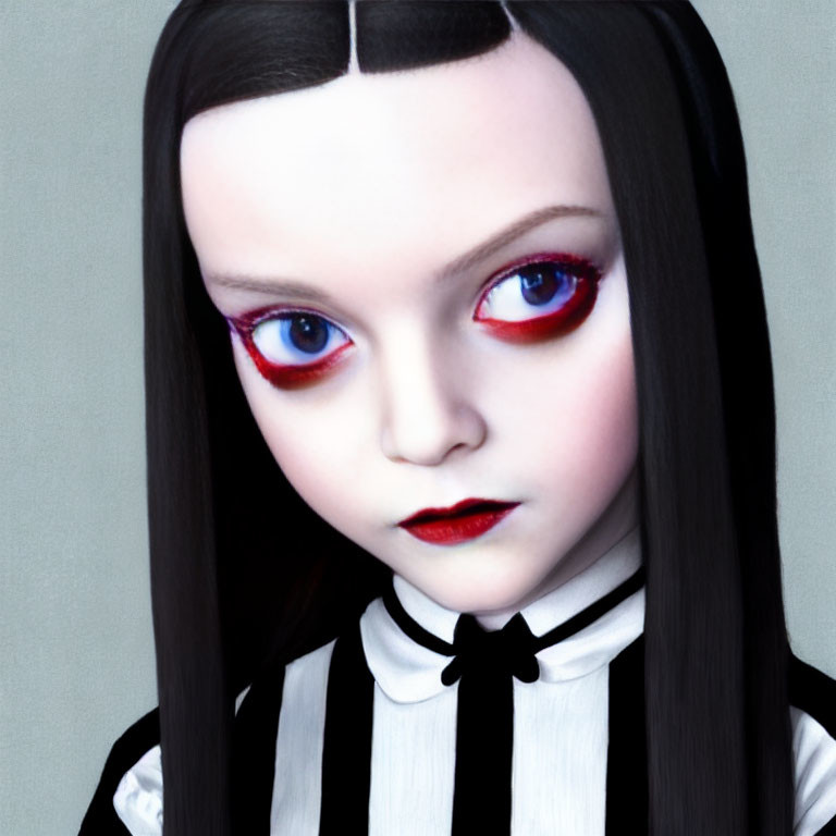 Doll-like figure with red eyes, pale skin, black hair, striped outfit