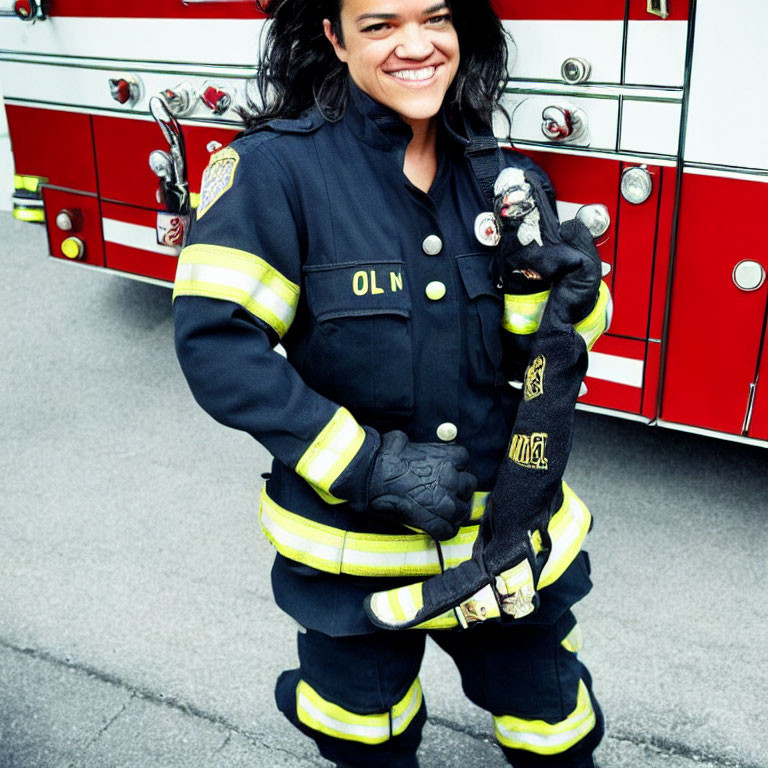 Smiling firefighter in gear with fire truck background