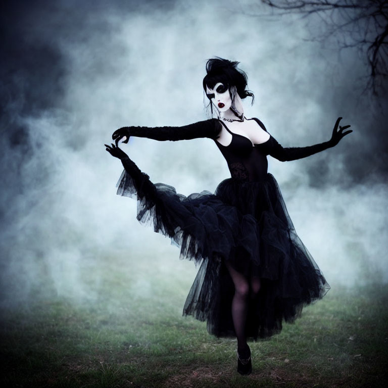 Dramatic theatrical makeup and costume in mysterious foggy setting