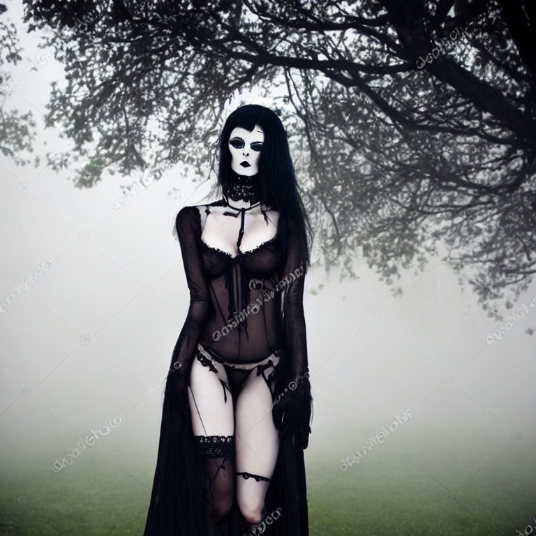 White-faced mask person in gothic lingerie under foggy tree