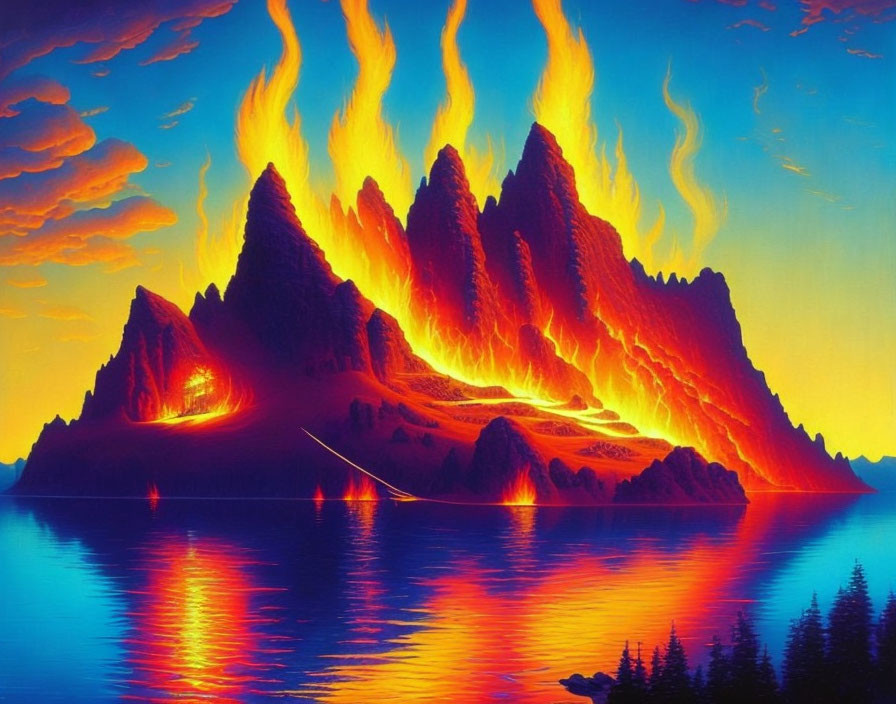 Fiery mountain range painting with flowing lava and tranquil lake