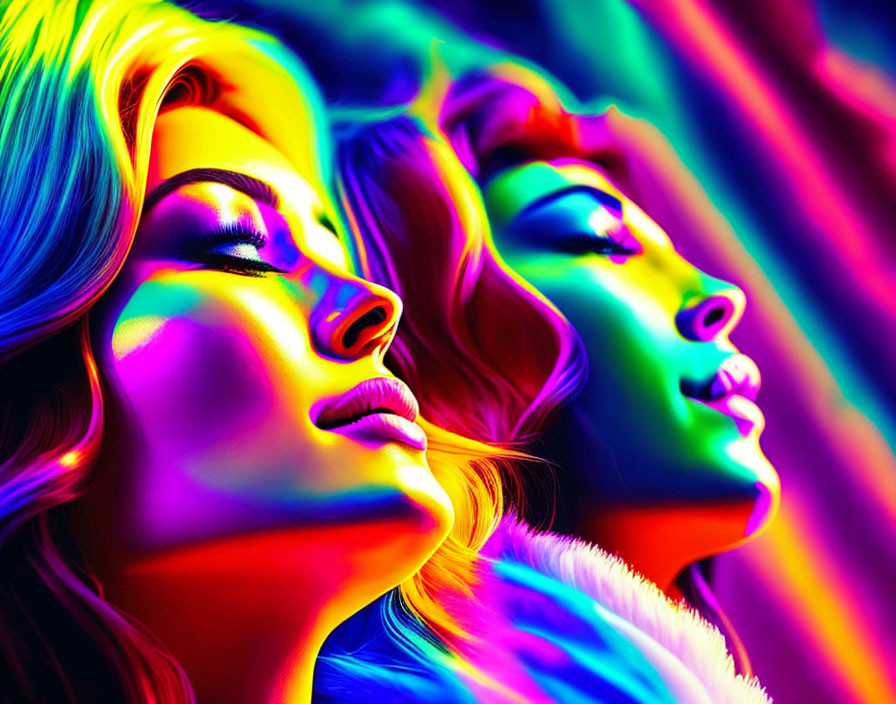 Vibrant multi-colored lighting illuminates two women against colorful striped backdrop