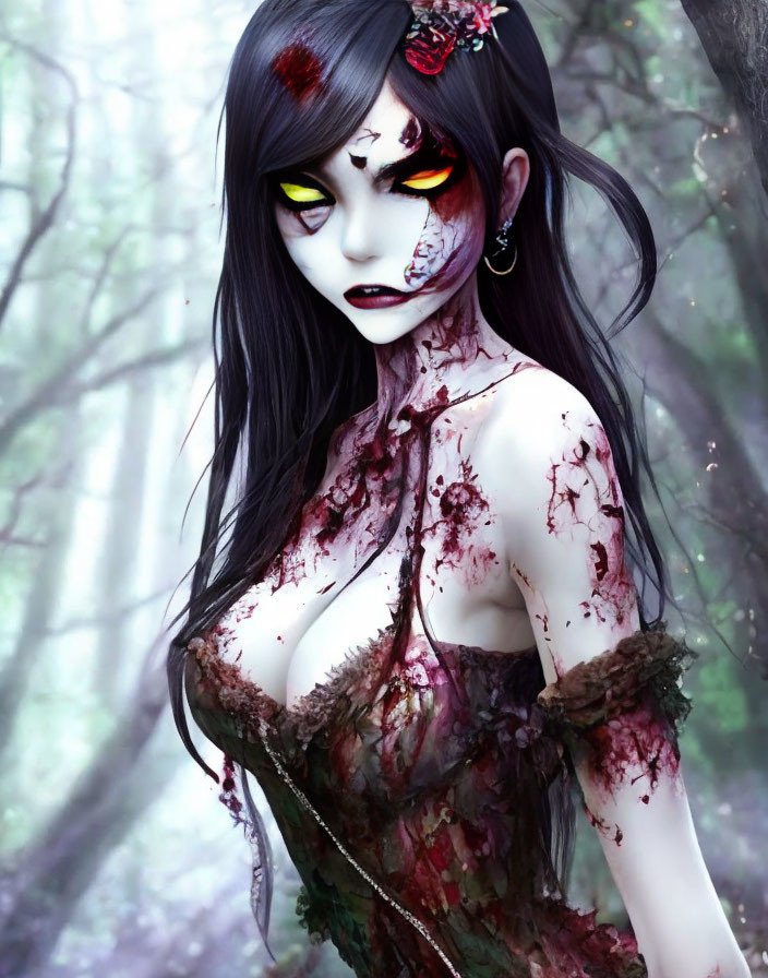 Digital artwork: Zombie woman with pale skin, bloody wounds, dark hair in misty forest