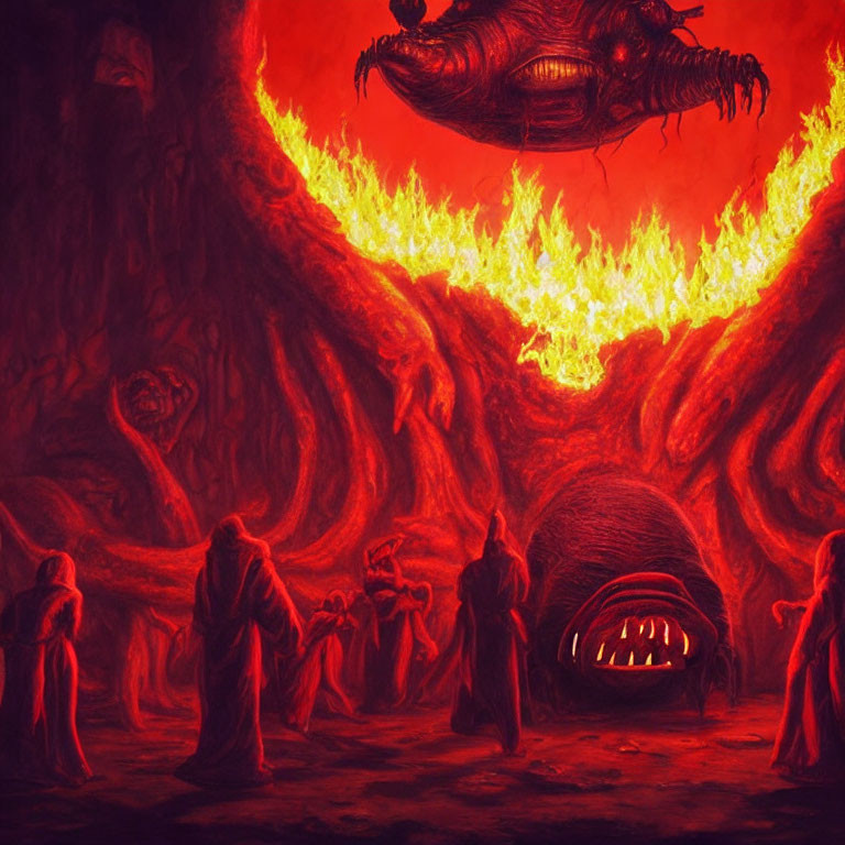 Hellish scene with robed figures, glowing-eyed beast, and fiery backdrop.