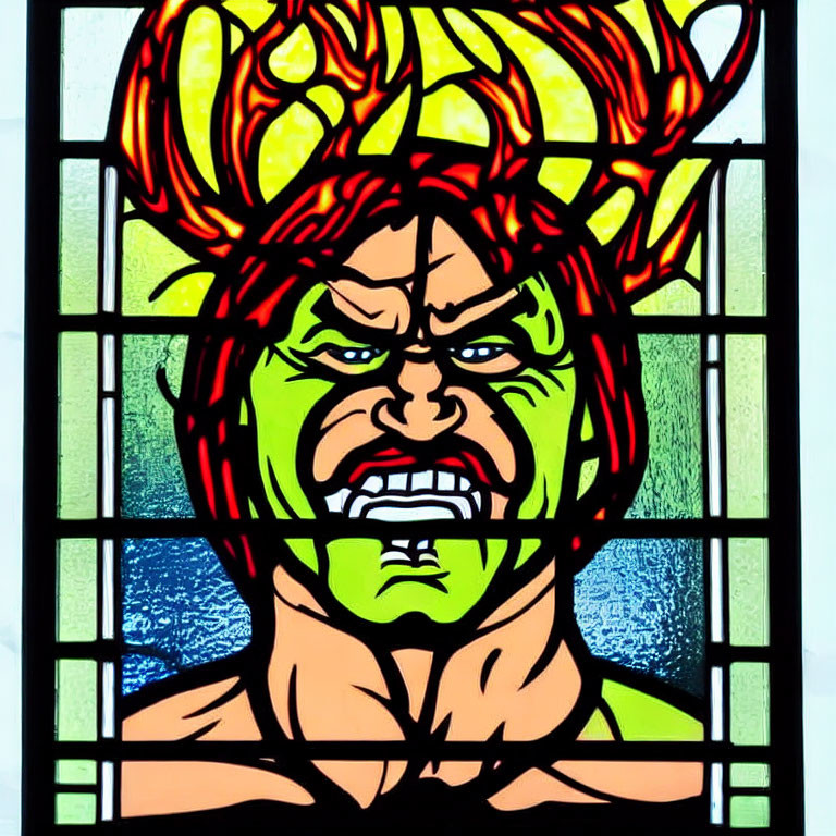 Fiery red and orange-haired figure in stained glass art