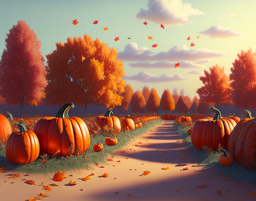 Vibrant autumn landscape with pumpkins, colorful trees, and warm evening sky