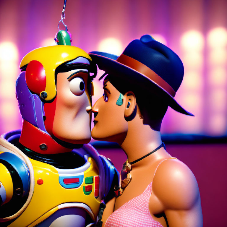 Toy space ranger and cowgirl figures in almost-kiss pose against warm backdrop