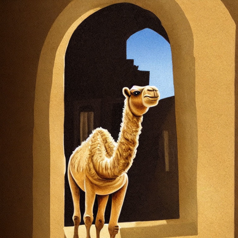 Desert camel framed in arched doorway with warm light shadows