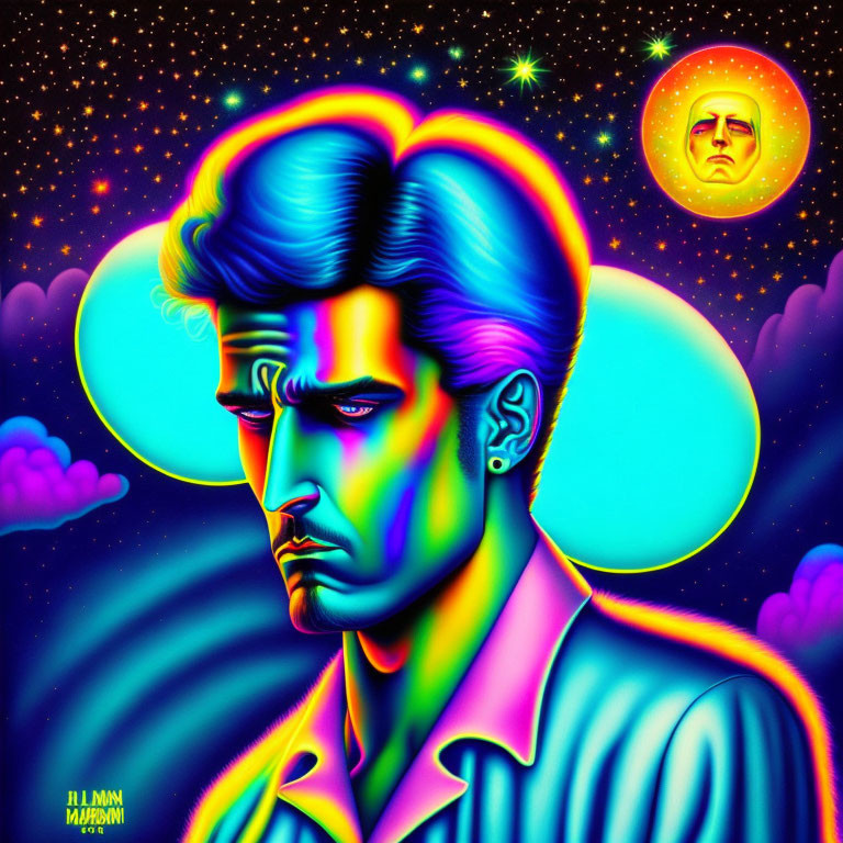 Colorful neon portrait of a contemplative man in cosmic setting