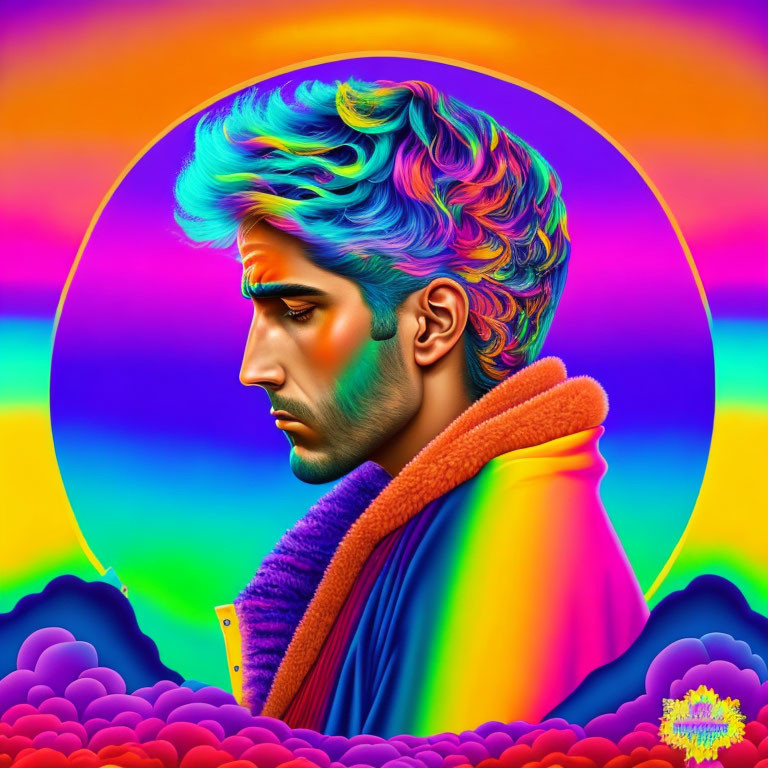 Colorful digital portrait of a man with neon hair and beard on psychedelic background.