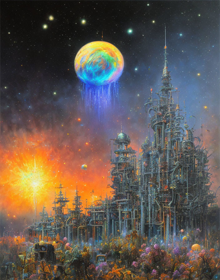 Intricate Sci-Fi Cityscape with Glowing Planet