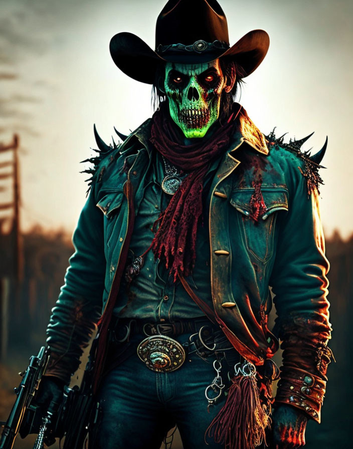 Cowboy figure with green-glowing skeleton face and gun.