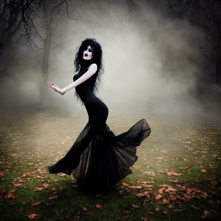 Dark Gothic Makeup and Black Gown in Misty Forest Setting