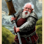 Elderly fantasy warrior in chainmail with spiked mace on rugged terrain