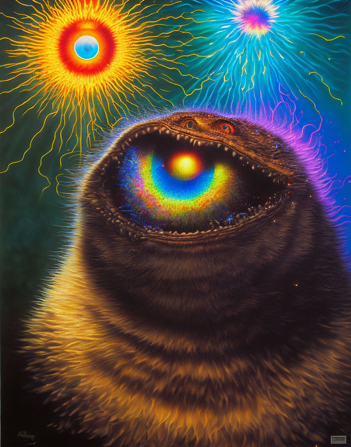 Surreal creature with radiant eyes and fur-like texture in vibrant explosive lights.