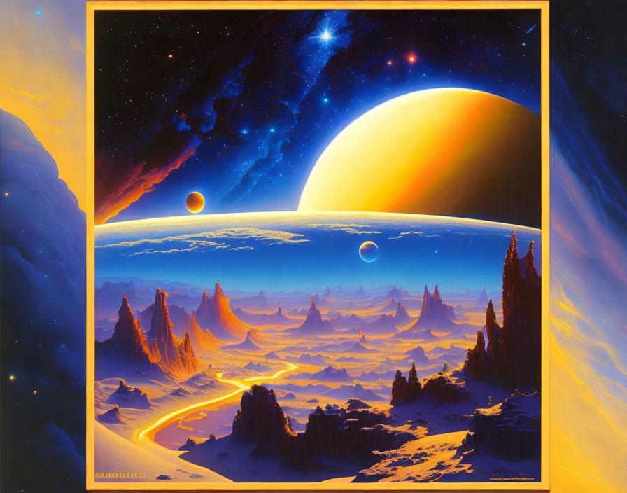 Sci-fi landscape with planet, moons, and alien terrain