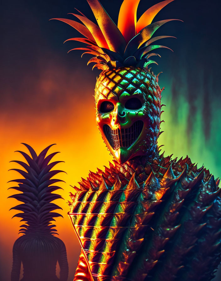 Person in pineapple costume with skull mask on orange and teal background.