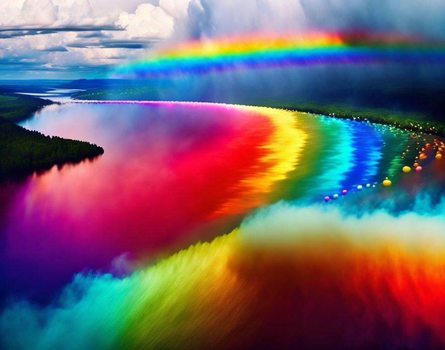 Scenic landscape with vivid rainbow, lake, forests, and stormy clouds