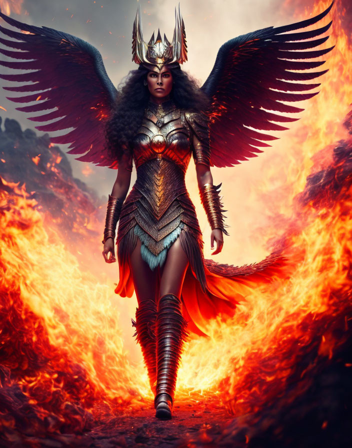 Winged warrior in armor against fiery landscape