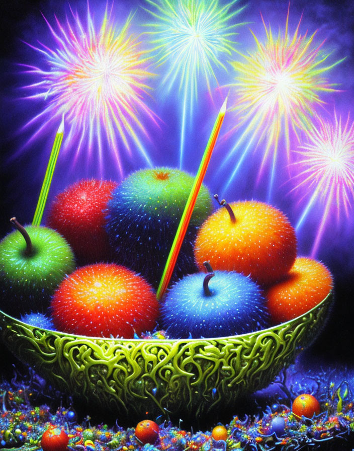 Colorful Fruit Bowl with Fireworks Display