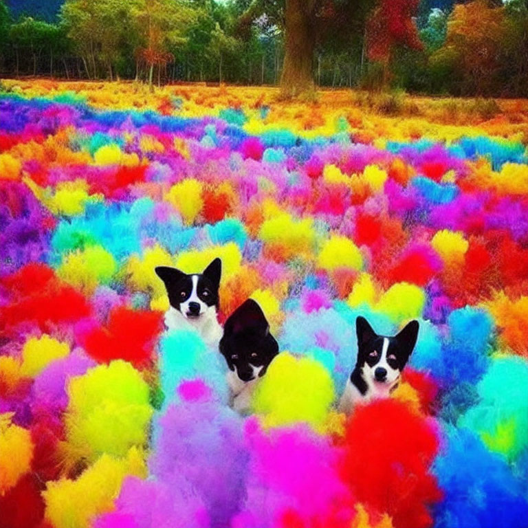 Three dogs with black and white fur in colorful flower field under tree canopy