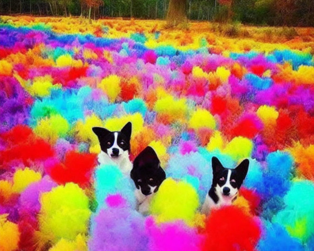 Three dogs with black and white fur in colorful flower field under tree canopy