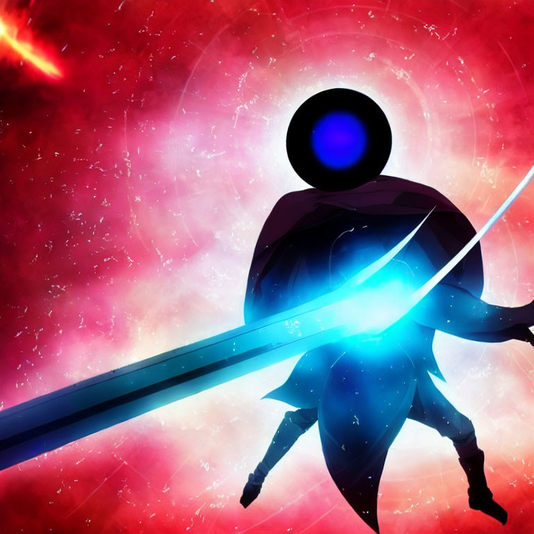 Heroic Figure with Cape and Glowing Sword in Cosmic Background